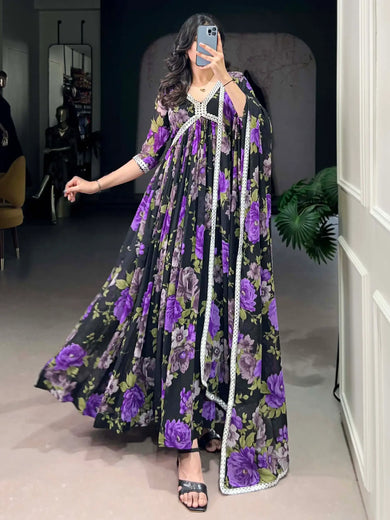 Stunning Purple Floral Print Georgette Gown With Dupatta